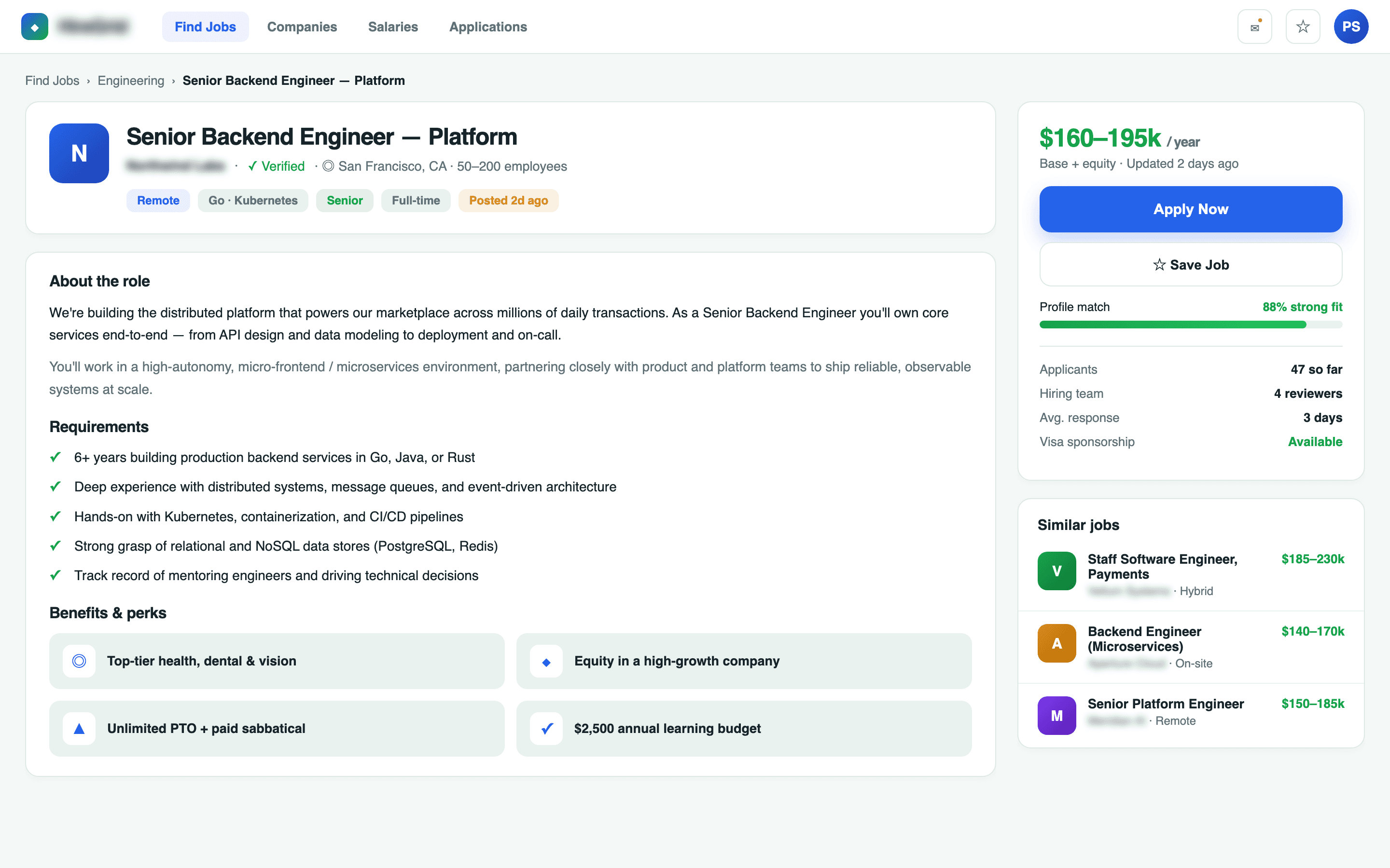 Employer dashboard — job posting, candidate management, and applicant tracking in one workspace.