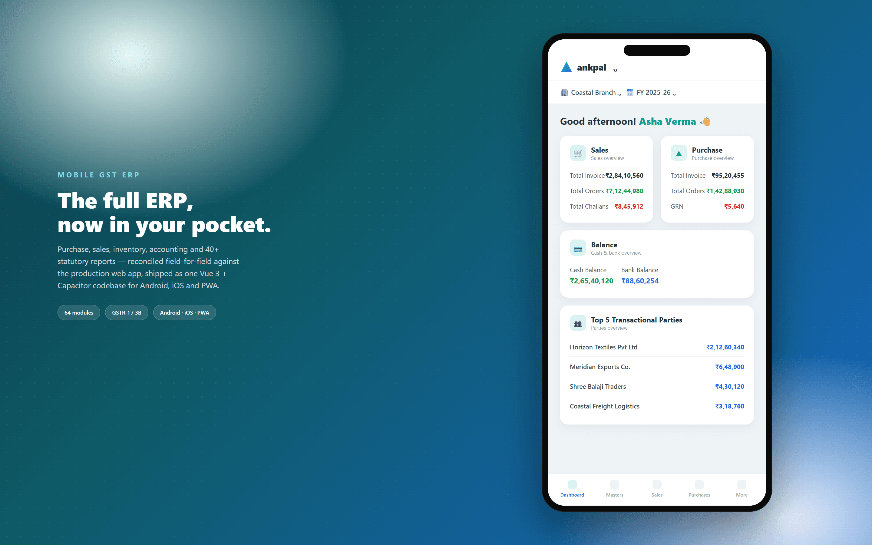 ANKPAL mobile dashboard: sales, purchase and cash & bank overview