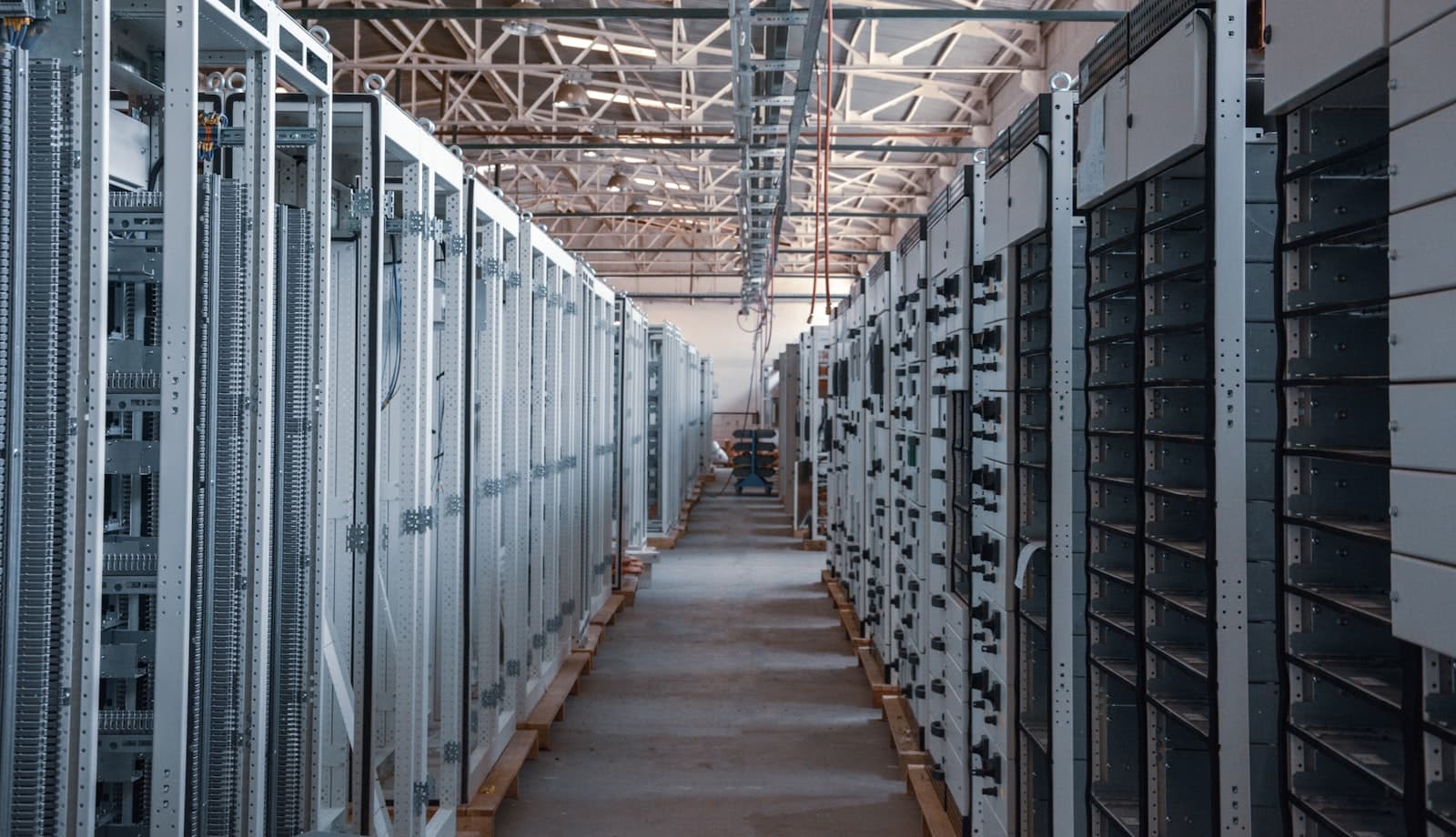 Server room aisle with equipment racks