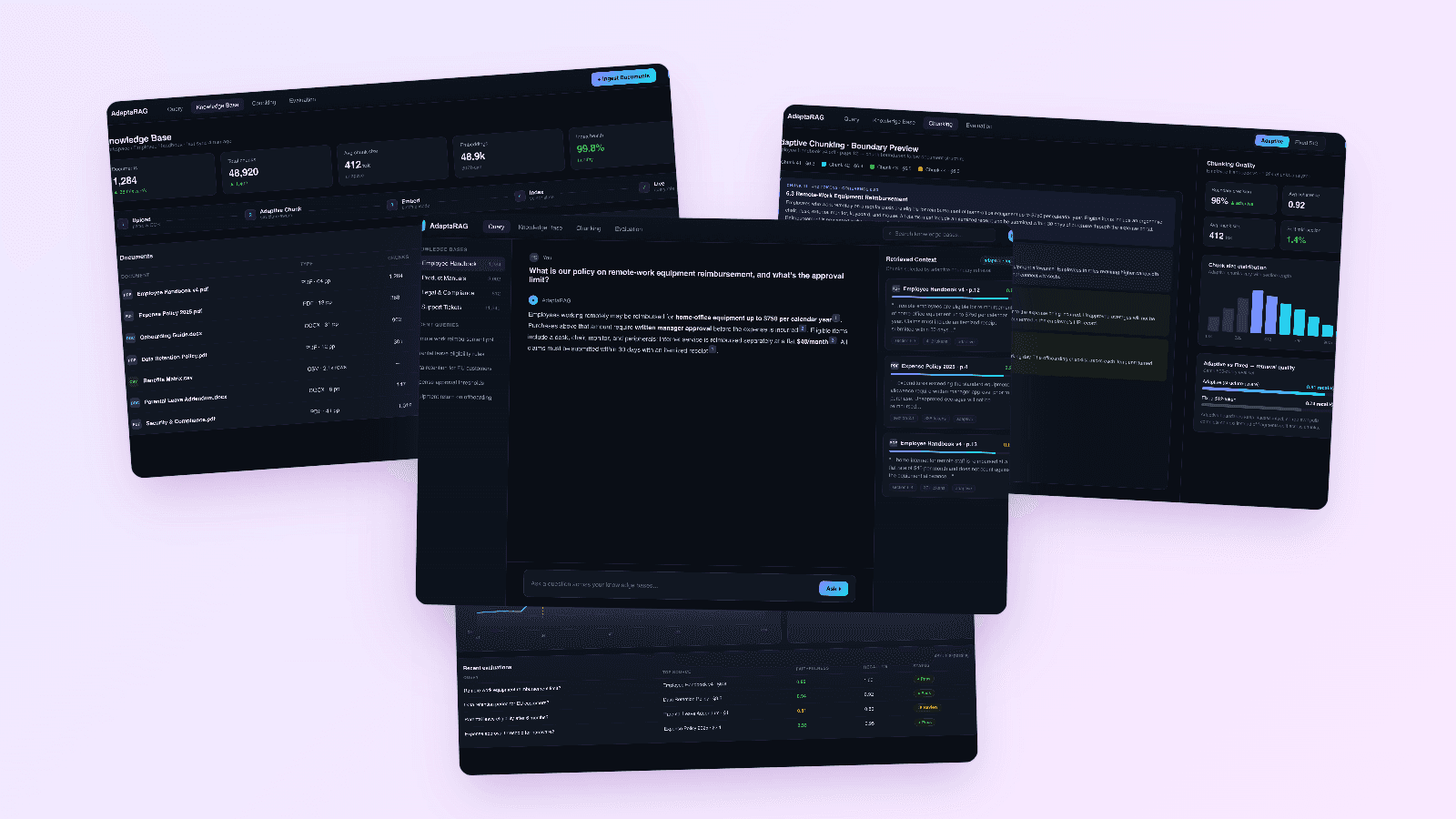 Product screens collage for Adaptive Chunking RAG Engine
