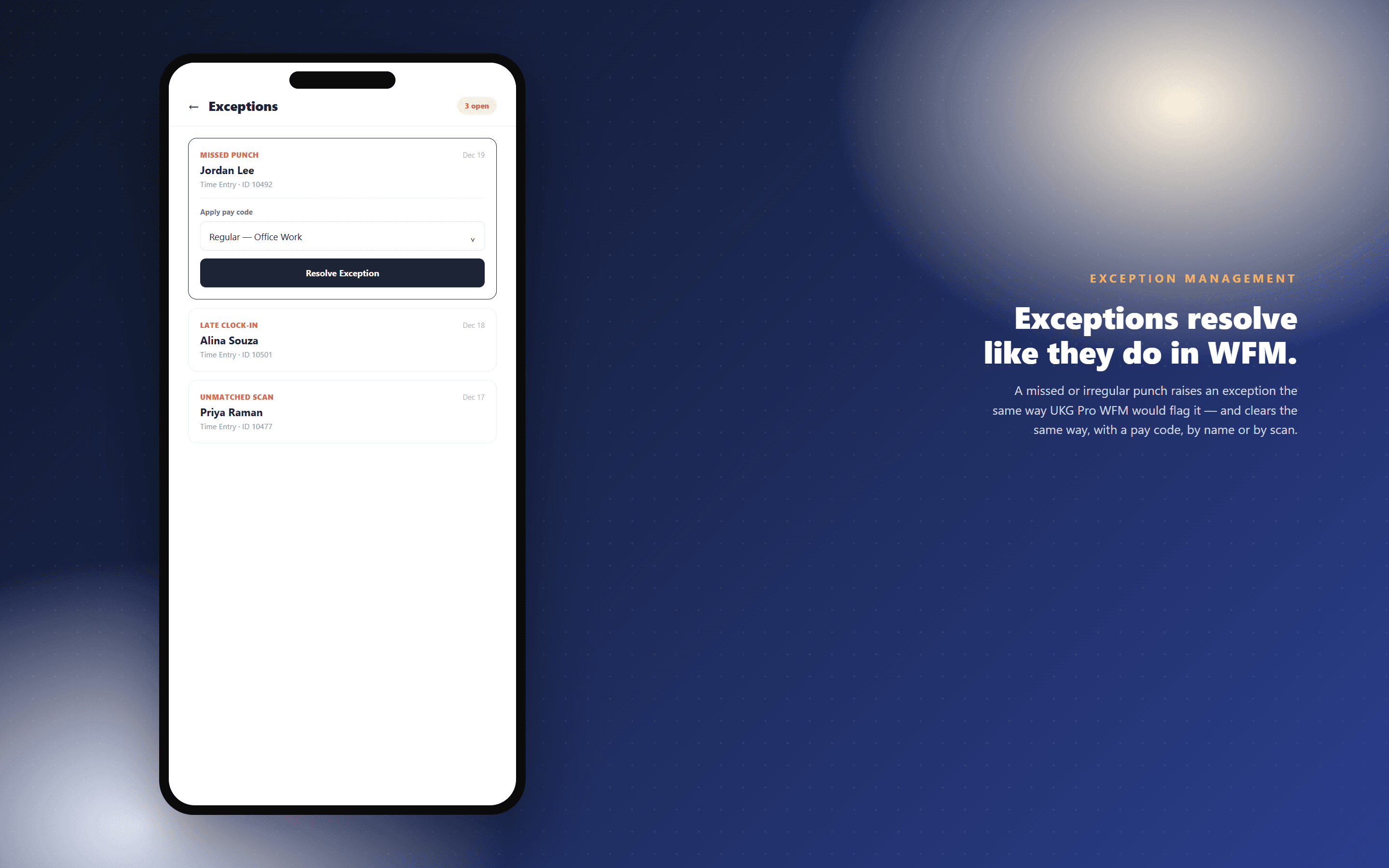 WikiWorks mobile exception management: resolving a missed punch with a pay code