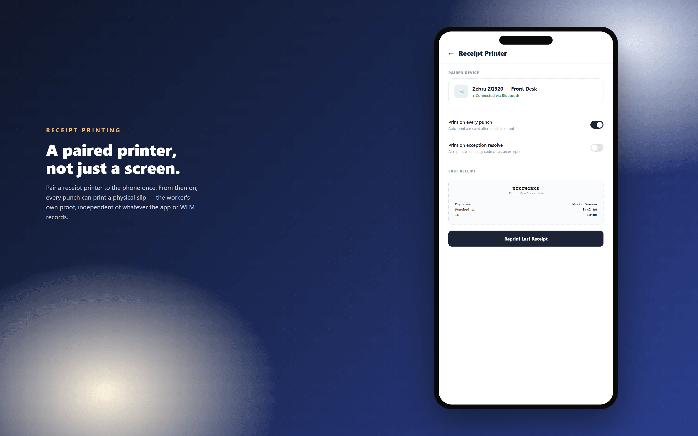 WikiWorks mobile receipt printer pairing screen