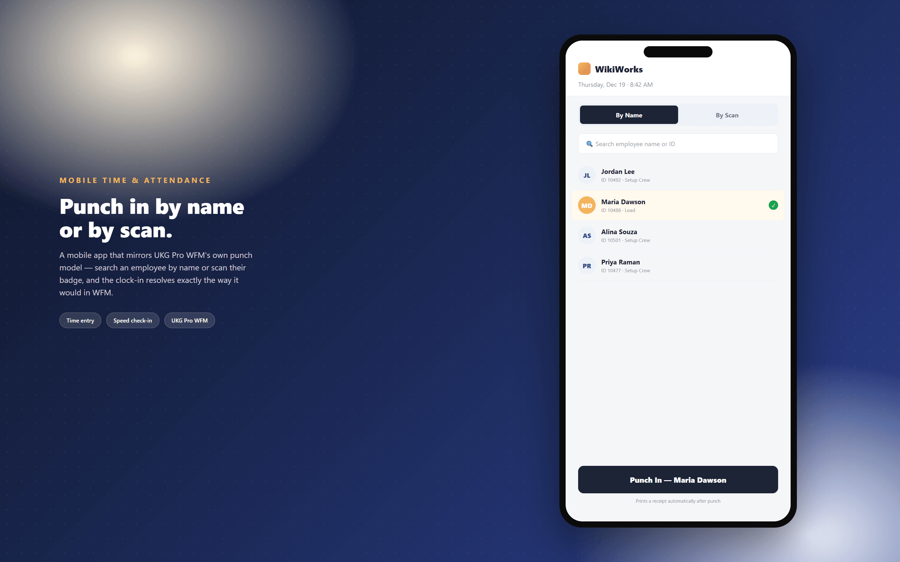 WikiWorks mobile time entry: punch in by employee name search or badge scan