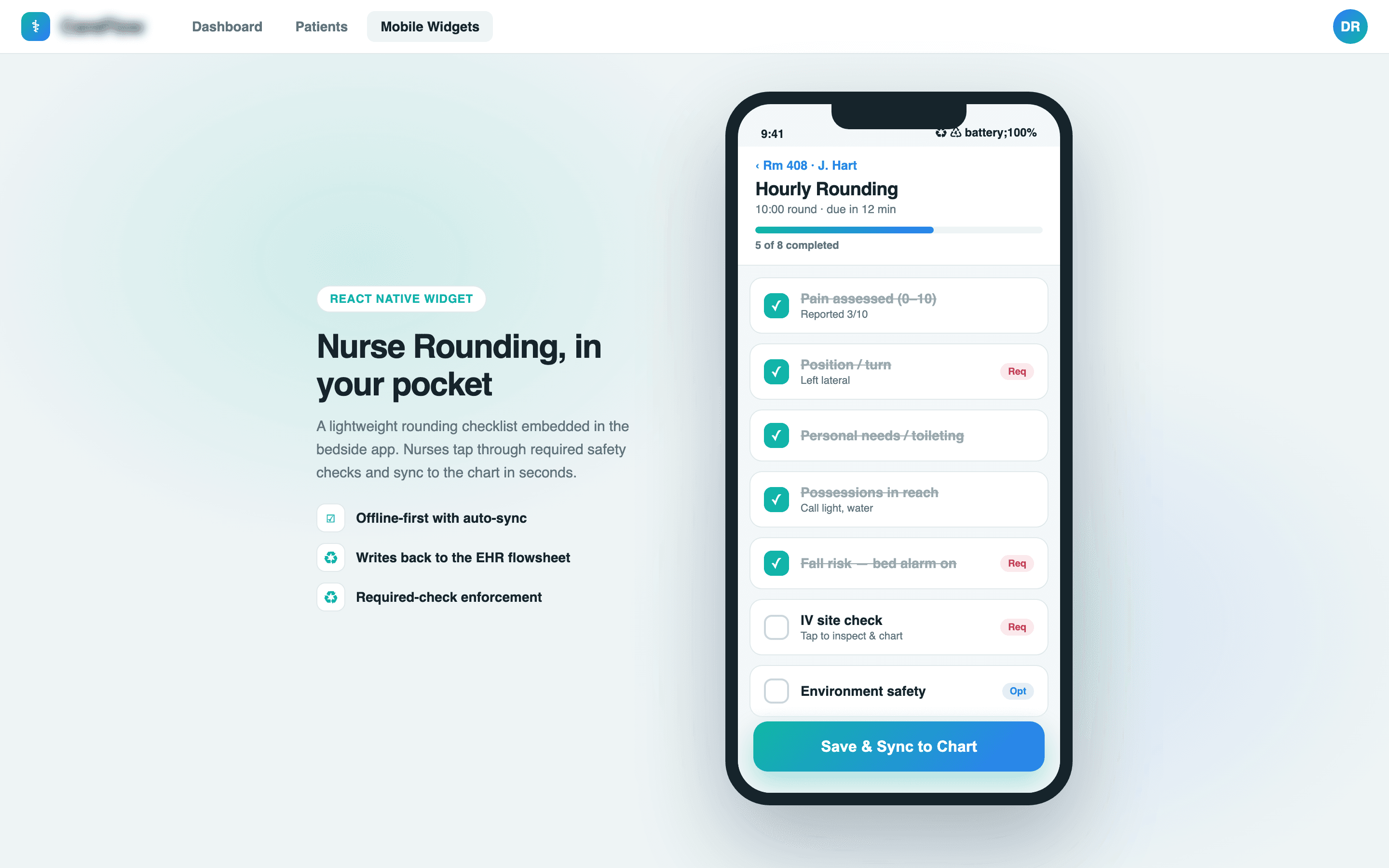 Embeddable web widget slotted into an existing hospital portal with no host rebuild.