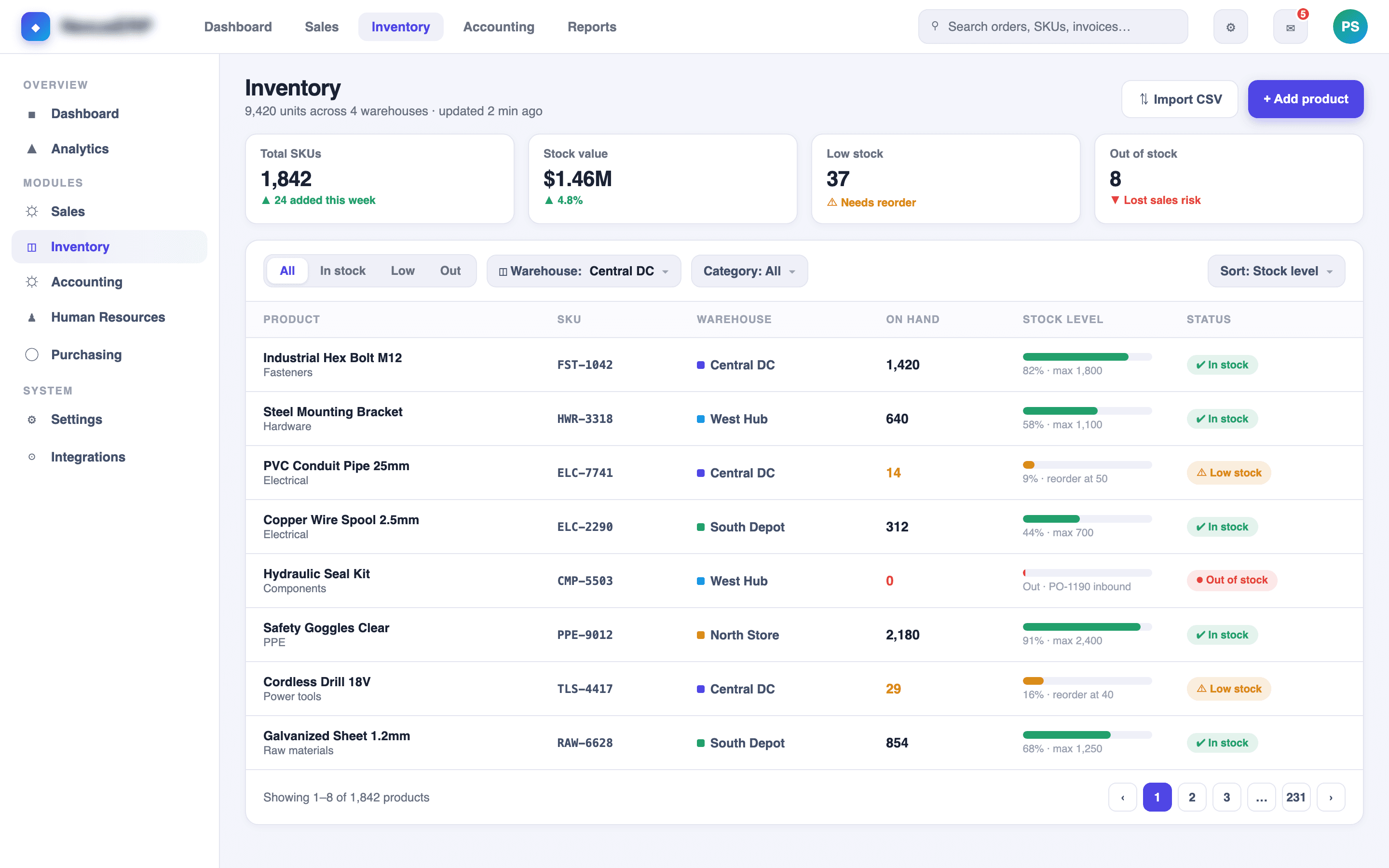 Module workspace: a dense, data-heavy business screen with role-aware controls and clean navigation.