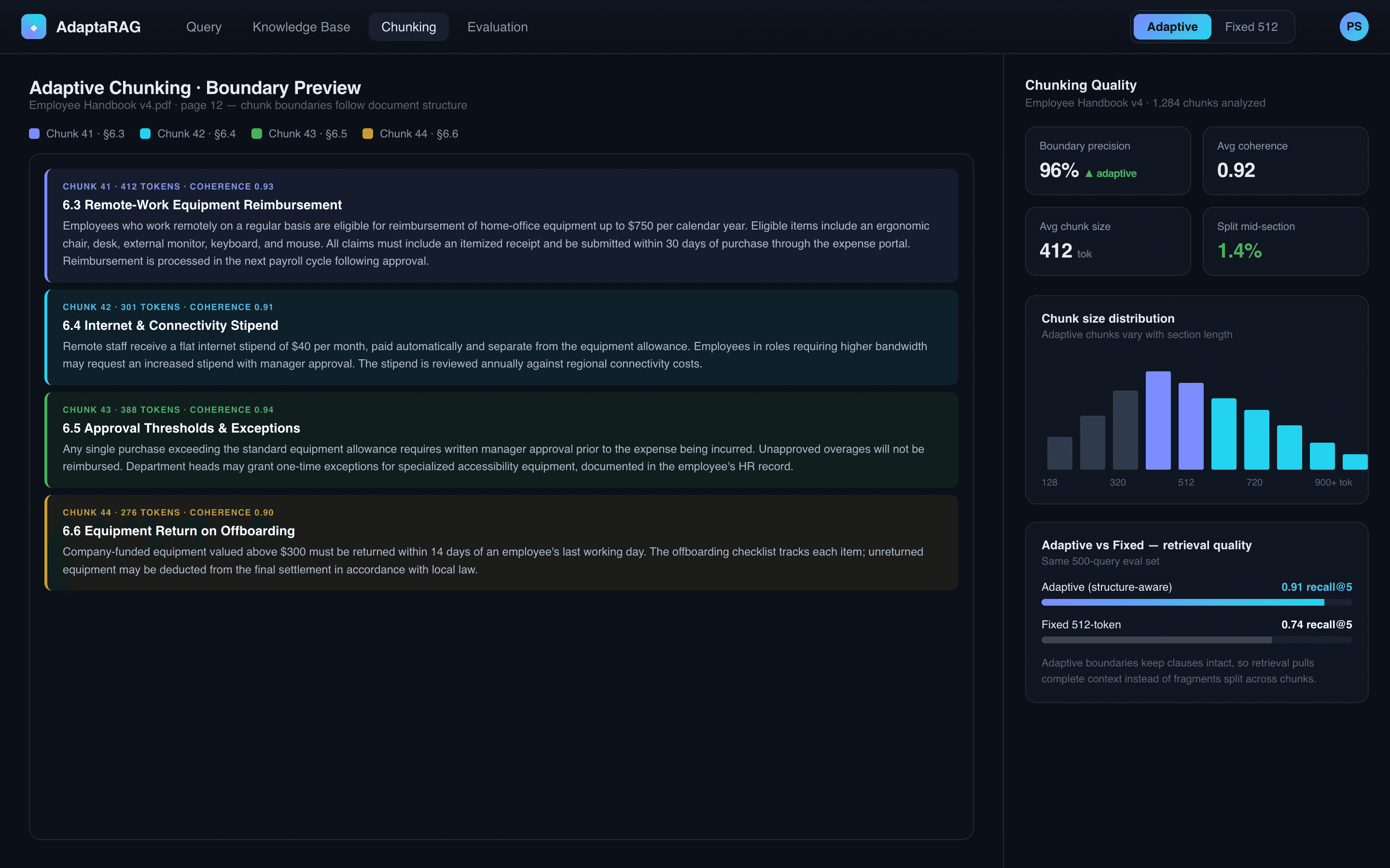 Adaptive boundary preview + chunk-quality metrics