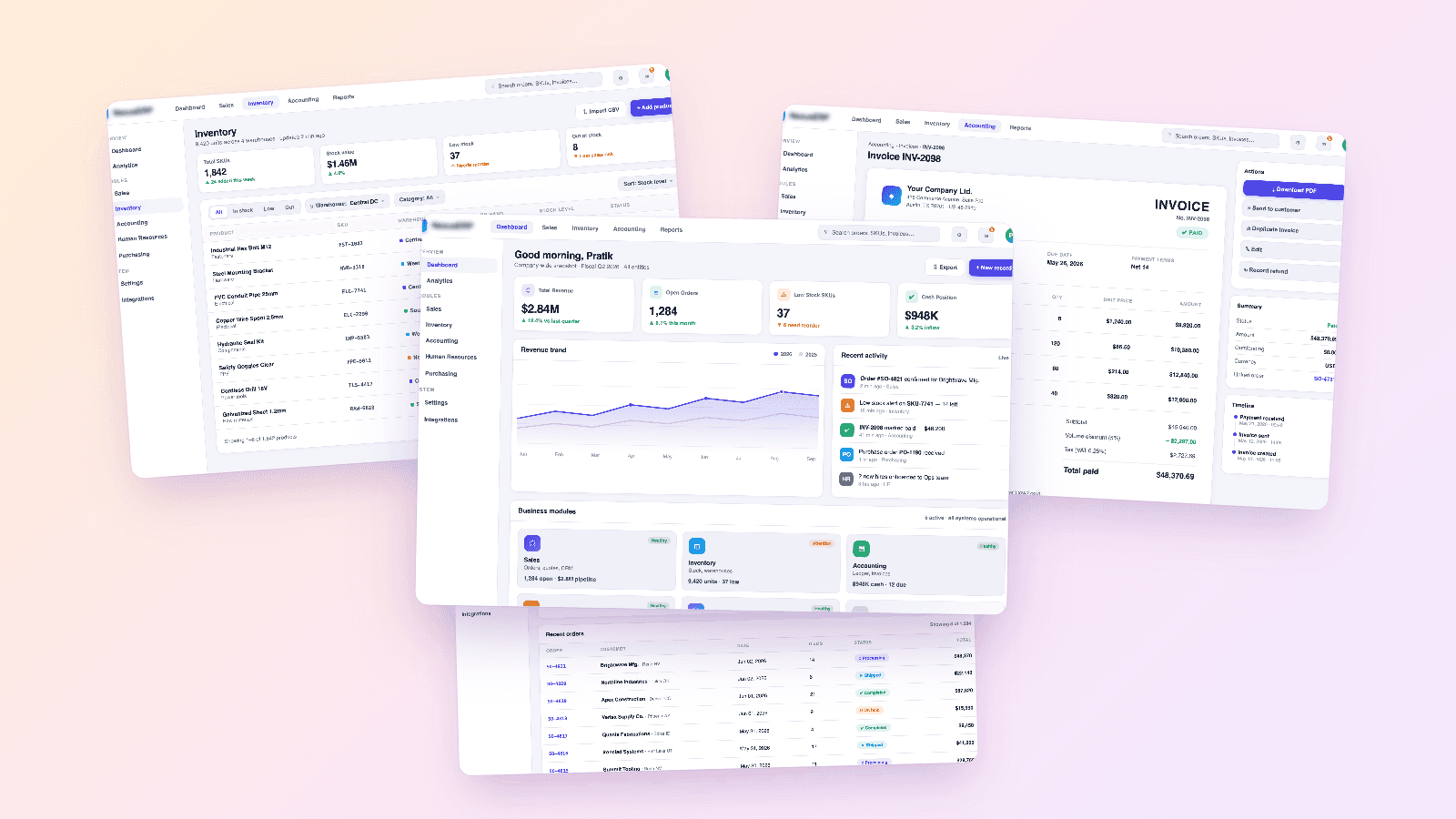Product screens collage for Cloud-Native ERP Platform